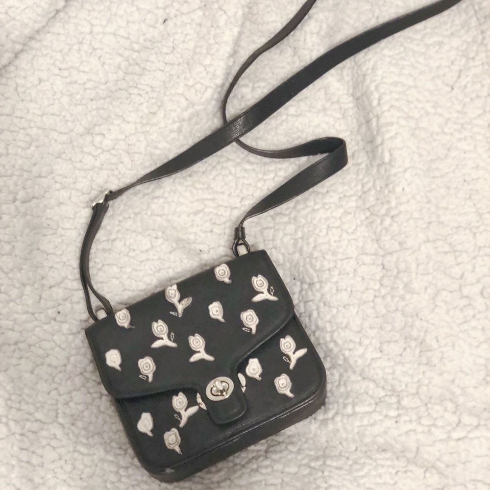 Leather Floral Appliqué Black Crossbody Bag Coach